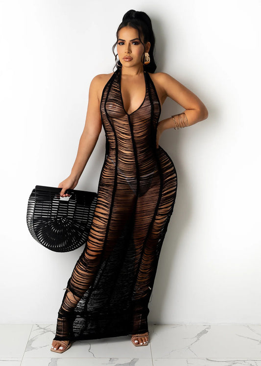 Women's Beach Knitted Long Dress Sexy Perspective Deep V-Neck Halter Lace-Up Tight Skirt Fashion Solid Color Slim Dresses