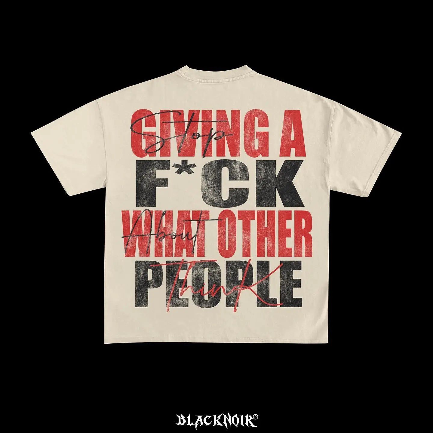 A high-quality New street letter Print oversized t shirt men clothing graphic 2023 cotton American gothic high quality goth y2k tops with large, bold text in black and red that reads, "Giving a F*ck what other people think," with "Giving a" and "think" crossed out. The brand name Maramalive™ is visible at the bottom. Made from premium 2023 cotton for ultimate comfort.
