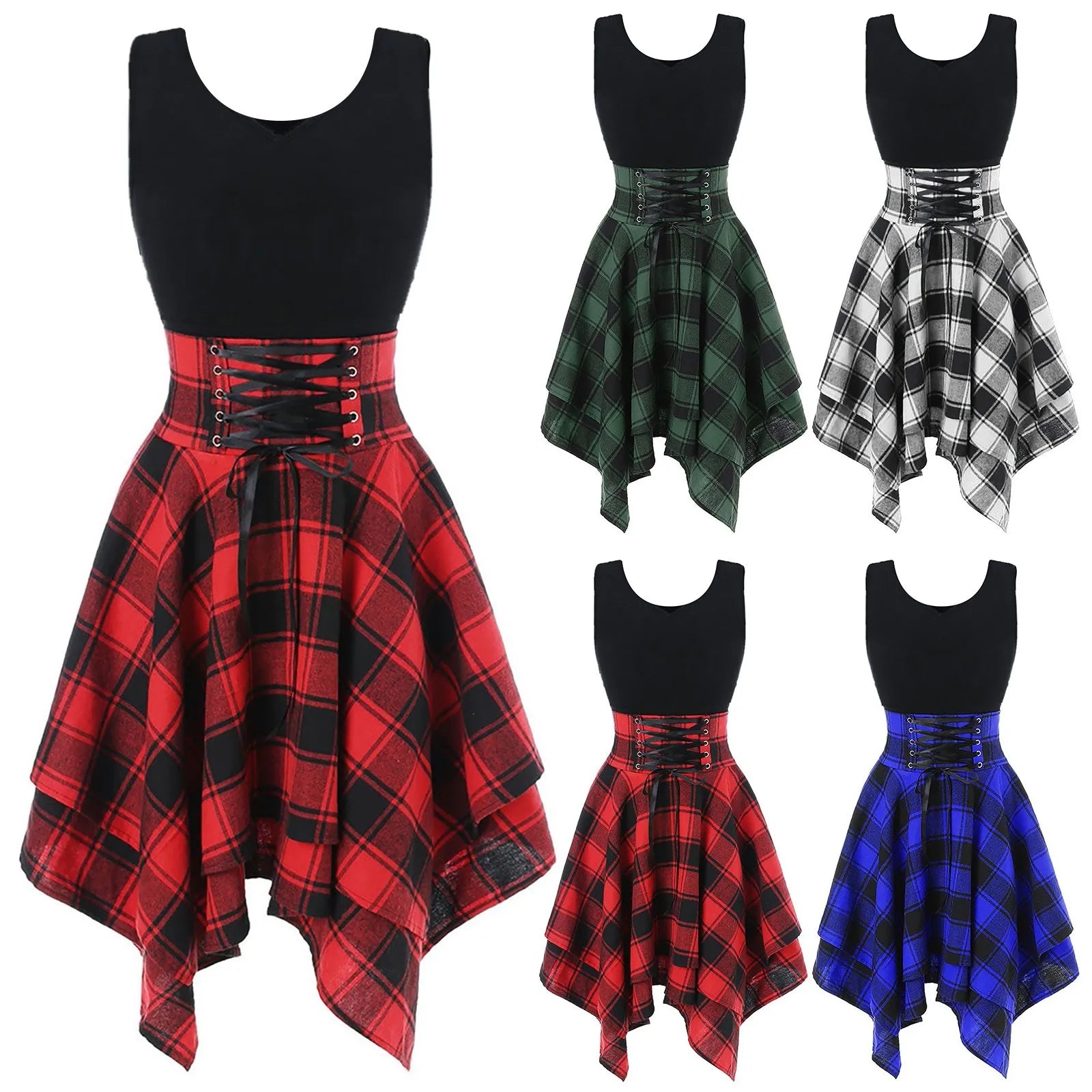 Dress For Woman Elegant Lace Up Party Dresses Women Summer Preppy Cross Up Plaid Mini Holiday Gothic Clothing Sundress Vestidos