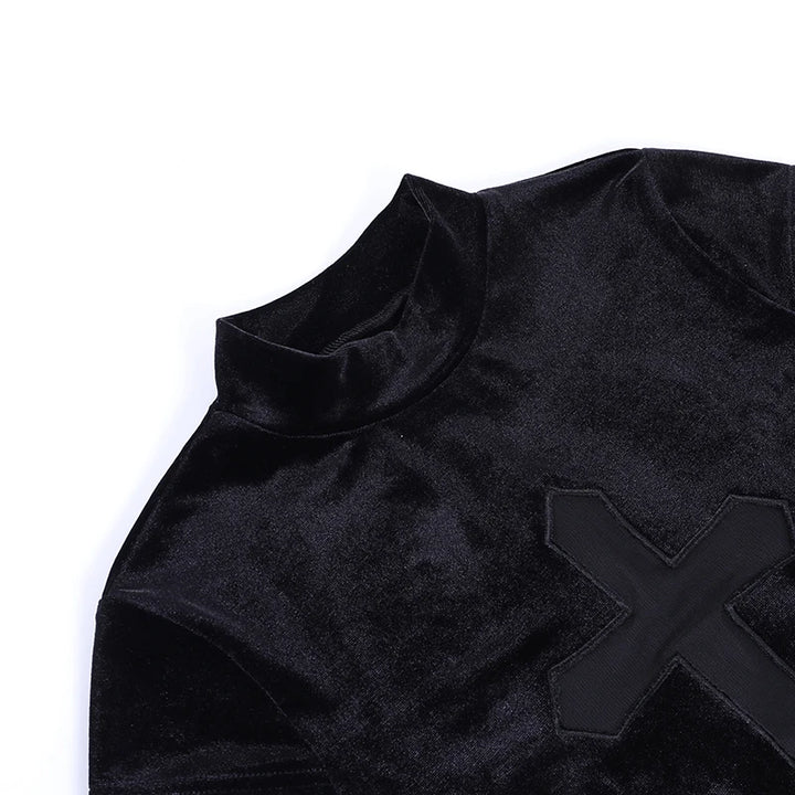 Close-up of a black velvet garment with a mock turtleneck collar, perfect for those who love gothic style, featuring an intricately embroidered "X" on the chest. The product is the Maramalive™ Goth Dark Cross Sheer Mall Gothic Women T-shirts Grunge Aesthetic Punk Sexy Emo Black Top Streetwear Fashion Alternative Clothes.