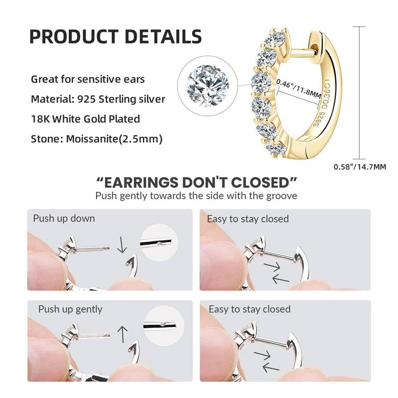 Sterling silver moissanite hoop earrings showcase.