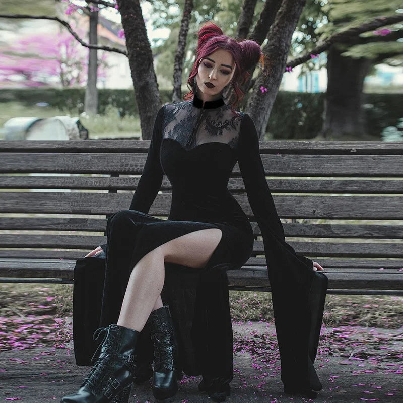 Halloween Party Long Dress Black High Waist Flared Sleeve Lace Cutout Gothic Maxi Dress Street Aesthetic Maxi Dress