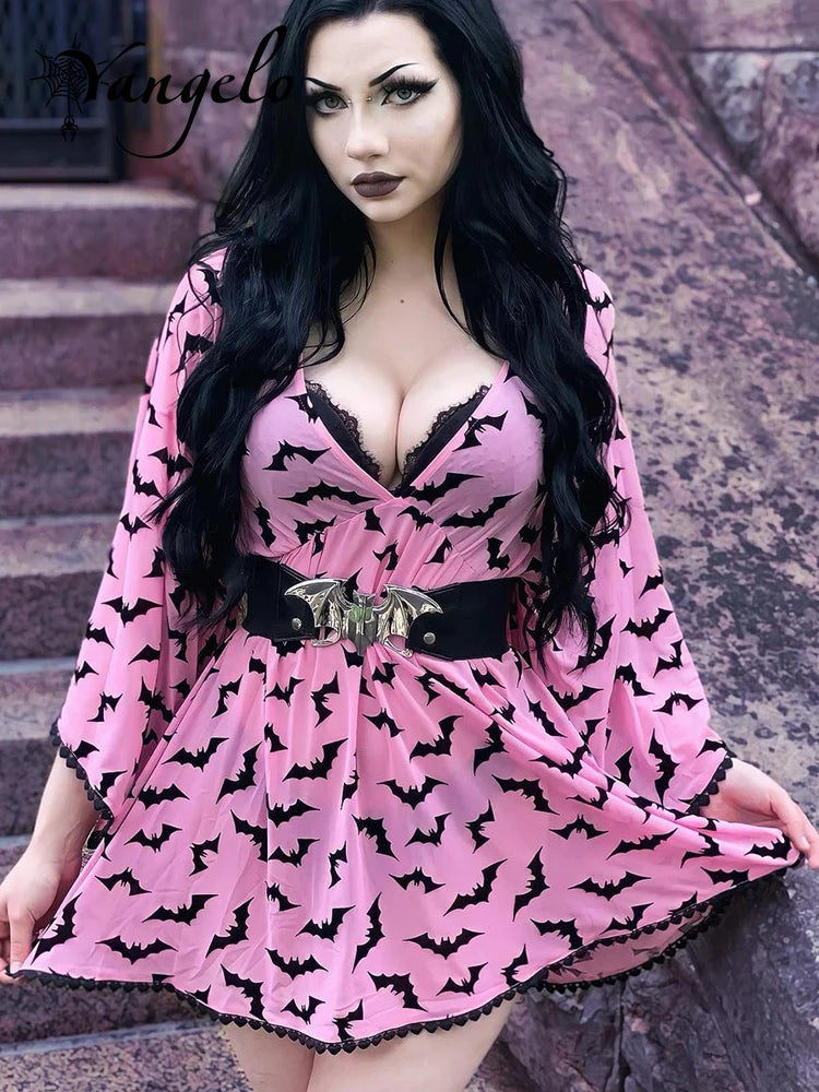 Fairy Grunge Women Pink Dress Sexy Deep V Neck Goth Aesthetic Elegant Vestios for E Girls Graphic Bat Party Outfits