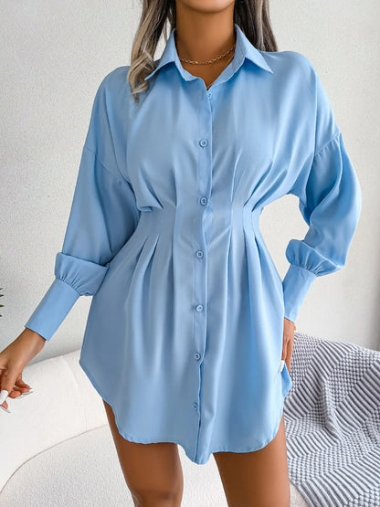 Casual Lantern Sleeves Tucked Waist Asymmetrical Shirt Dress Ladies Solid Color Stylish Elegant Button-Down Shirt Short Dresses