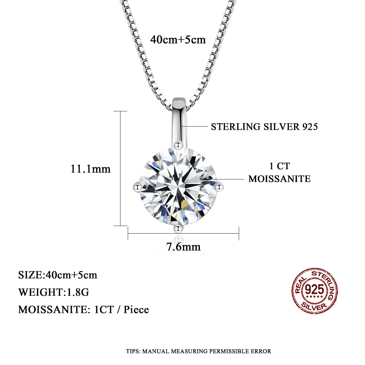 1ct Silver Moissanite Necklace, Trendy 