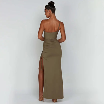 New Fashion Sexy One Shoulder Sling Strap Slim Fit Tight Pleating Side Women's Dress Floor-Length Skirt Party Evening Dresses