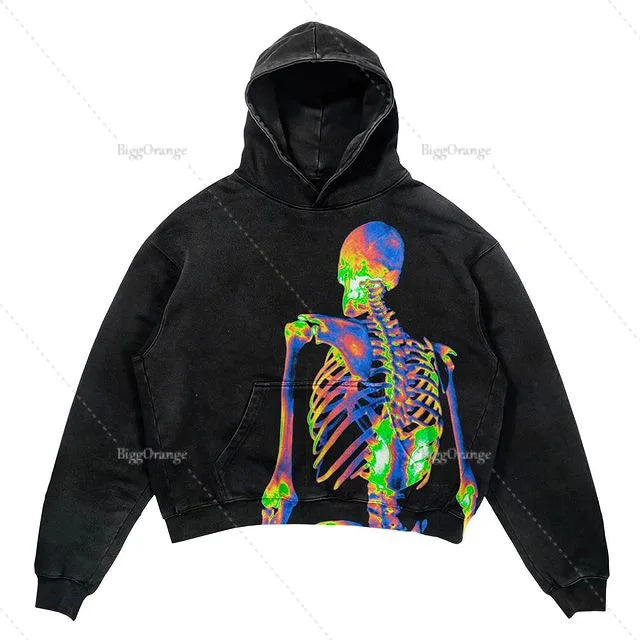 A Maramalive™ Explosions Printed Skull Y2K Retro Hooded Sweater Coat Street Style Gothic Casual Fashion Hooded Sweater Men's Female featuring a colorful X-ray style skeletal design on the back.