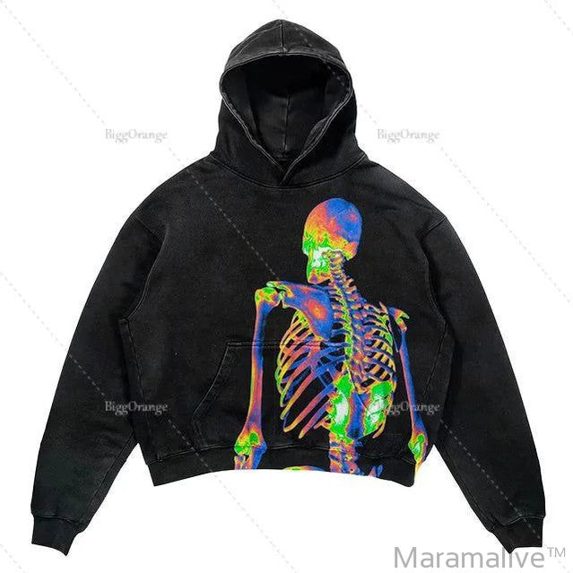 Explosions Printed Skull Y2K Retro Hooded Sweater Coat Street Style Gothic Casual Fashion Hooded Sweater Men's Female