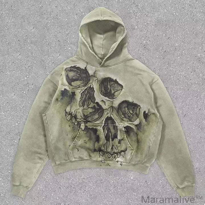 Explosions Printed Skull Y2K Retro Hooded Sweater Coat Street Style Gothic Casual Fashion Hooded Sweater Men's Female