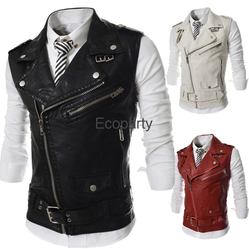 Men's Casual Pu Leather Vest Jacket Black Fashion Lapel Collar Zipper Short Waistcoat Steampunk Sleeveless Clothing Male