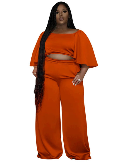 Plus Size Two Piece Sets Women Clothing Solid Off Shoulder Tops and Pants Wide Leg Matching Set