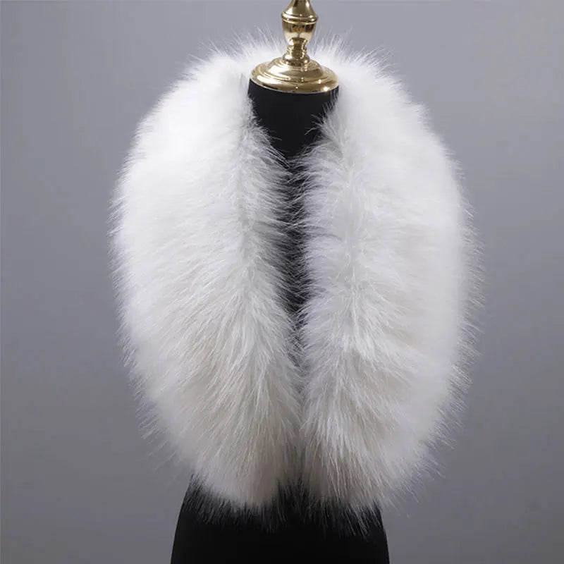 A winter-ready Faux Fur Collar Winter Large Faux Fox Fur Collar Fake Fur Coat Scarves Luxury Women Men Jackets Hood Shawl Decor Neck Collar by Maramalive™ is displayed on a black mannequin with a gold-colored top stand against a plain gray background, perfect for stylish women.
