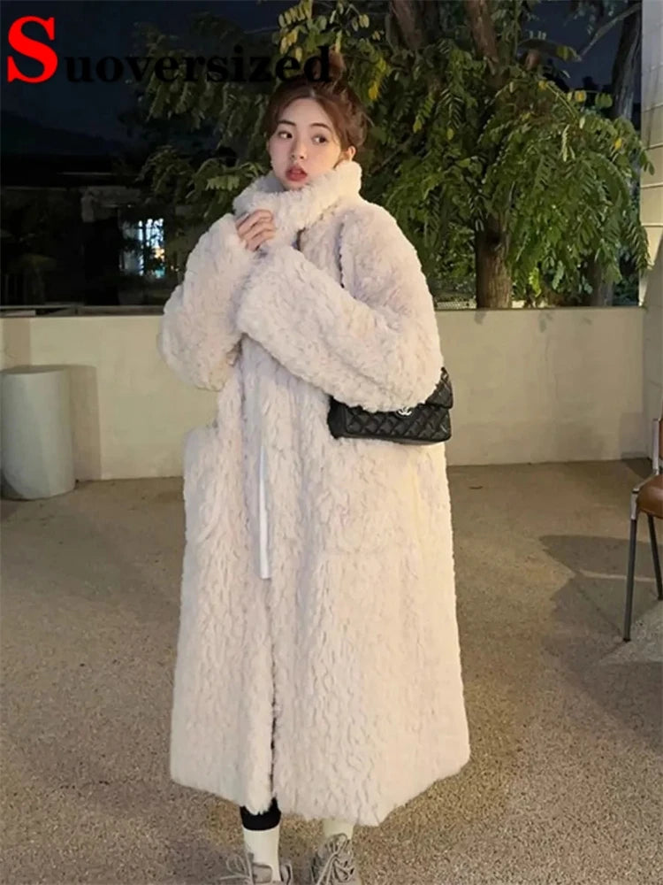 Thicken Long Lambwool Faux Fur Overcoats Stand Collar Warm Winter High Quality Women Jackets Elegant Furry Coat
