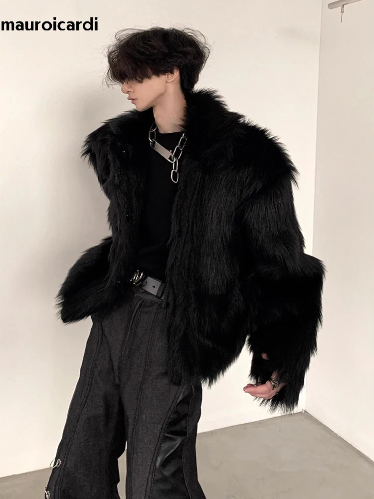 Winter Short Cool Thick Warm Soft Black Hairy Faux Fox Fur Coat Men Long Sleeve Luxury Designer Fluffy Jacket 2023
