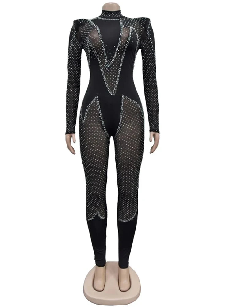 Glamorous rhinestone mesh rompers, sparkly jumpsuits for women.