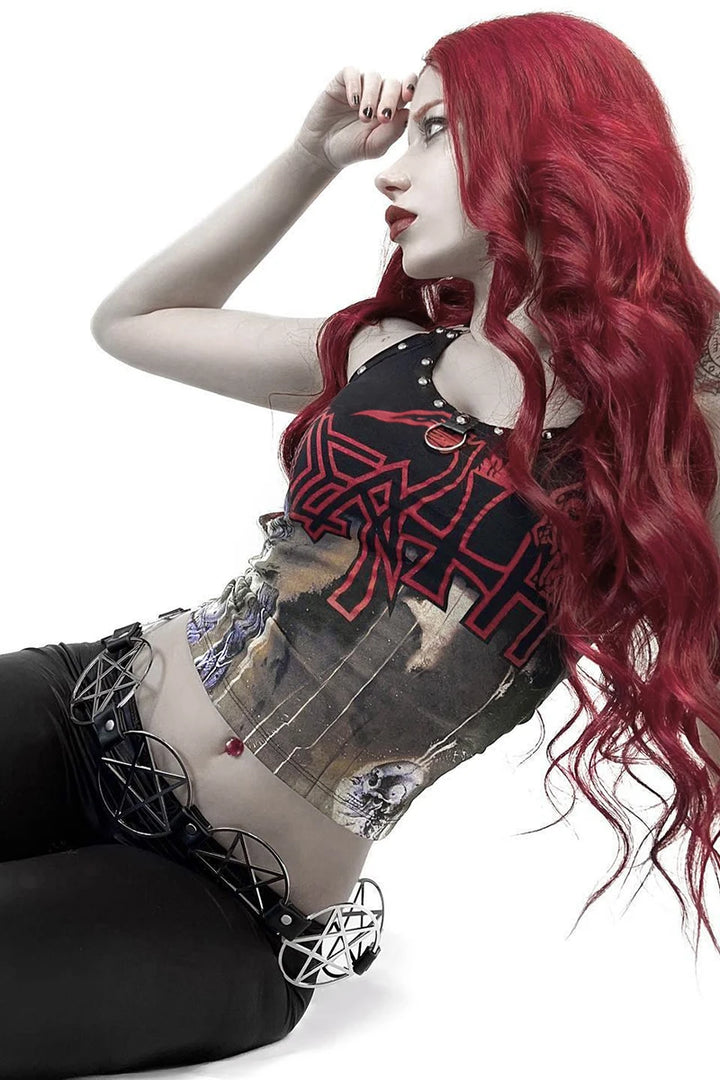 A person with long red hair poses against a white background, wearing the Maramalive™ Goth Cross Print Lace Bodycon Crop Tops Camis Sexy Y2K Aesthetic Black Red Basic Corset Tank Top Summer Clothes for Women Girls and black pants adorned with metal accessories.