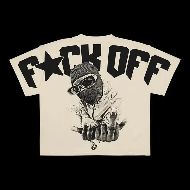 A white oversized Maramalive™ Punk Hip Hop Graphic T Shirts Mens Vintage Y2k Top Harajuku Goth Oversized T Shirt Fashion Loose Casual Short Sleeve Streetwear with the phrase "F*CK OFF" in bold letters printed on the back, above an illustration of someone wearing a ski mask and sunglasses, giving two middle finger gestures.