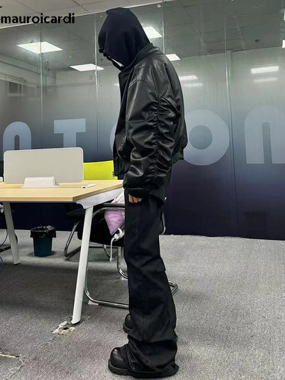 Oversized Cool Black Thickened Warm Pu Leather Bomber Jacket Men Hood Luxury Designer Fake 2 Clothes