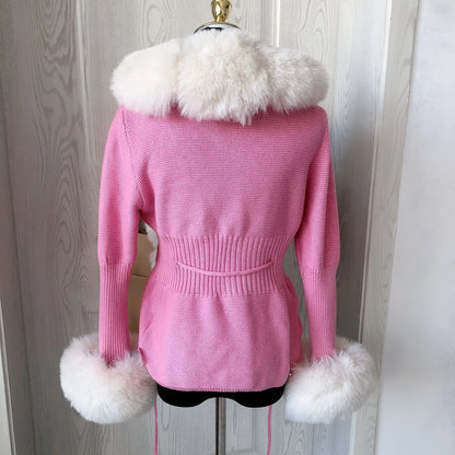 Women Faux Fur Knit Sweater cardigan Spring Autumn elegant Knitted sweater with faux fox fur collar Ladies Fashion Coat fur coat