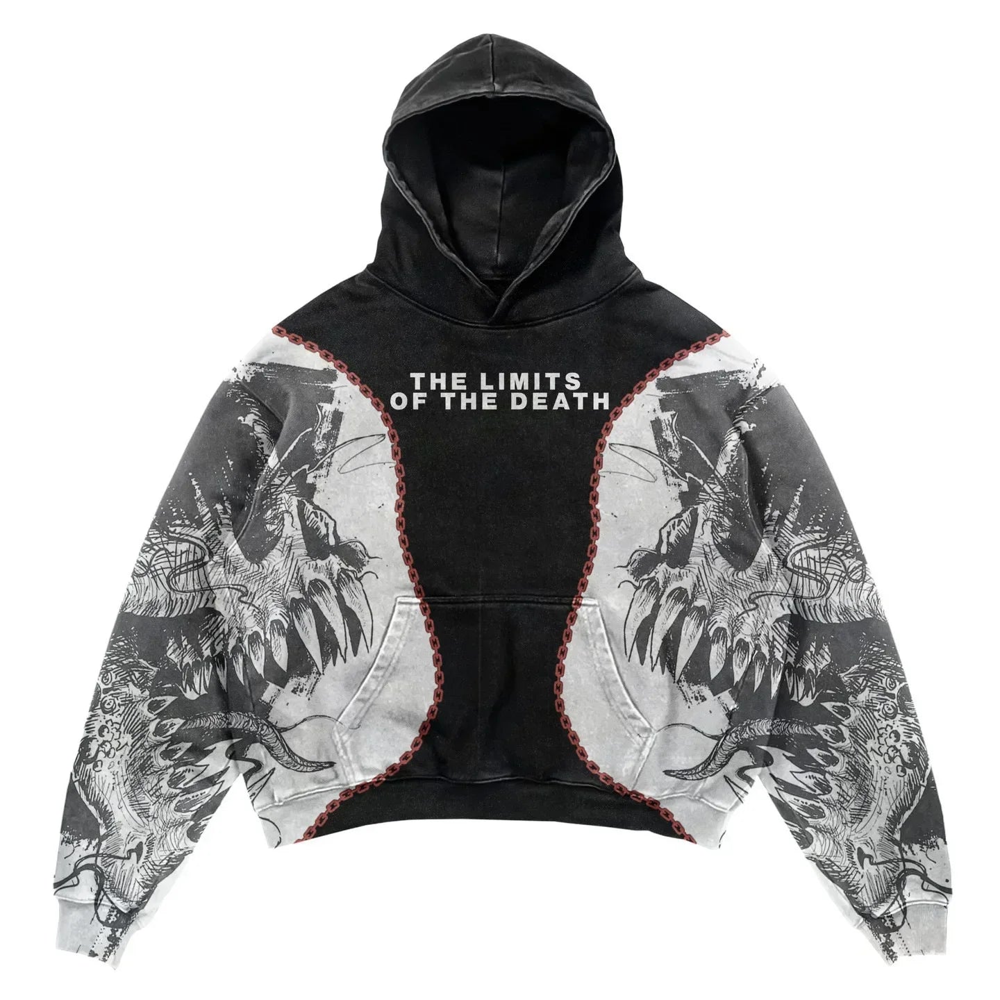 A black Explosions Printed Skull Y2K Retro Hooded Sweater Coat Street Style Gothic Casual Fashion Hooded Sweater Men's Female with a large graphic of snarling teeth and claws on the front and sleeves, perfect for those who love punk style. The text "THE LIMITS OF THE DEATH" is boldly printed across the chest, making it a standout piece in Maramalive™ men's clothing hoodies.