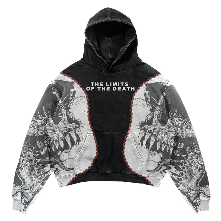 A black Explosions Printed Skull Y2K Retro Hooded Sweater Coat Street Style Gothic Casual Fashion Hooded Sweater Men's Female with a large graphic of snarling teeth and claws on the front and sleeves, perfect for those who love punk style. The text "THE LIMITS OF THE DEATH" is boldly printed across the chest, making it a standout piece in Maramalive™ men's clothing hoodies.