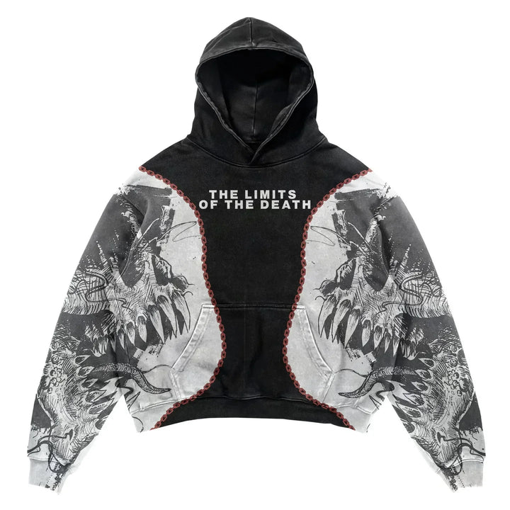 A Maramalive™ Explosions Printed Skull Y2K Retro Hooded Sweater Coat Street Style Gothic Casual Fashion Hooded Sweater Men's Female with artistic graphics of monstrous claws and teeth, and the text "THE LIMITS OF THE DEATH" emblazoned on the chest. Perfect for all four seasons, this punk-style piece is a bold addition to any wardrobe.