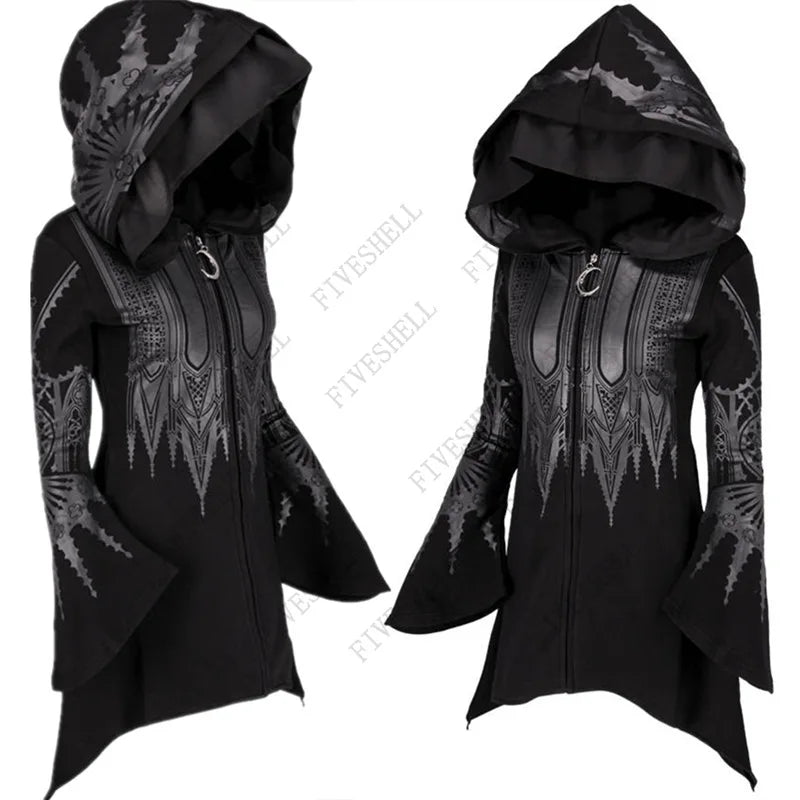 A black, long-sleeve hoodie with intricate, symmetrical patterns and a wide hood. This piece of Gothic clothing features pointed sleeves and a front zipper, making it perfect for anime cosplay women's clothing enthusiasts. The Maramalive™ New Women Spring Autumn Gothic Hoodie Black Steampunk Printed Long Flare Sleeve Coat 2023 Y2k Sweatshirts For Female Streetweary embodies these features seamlessly.