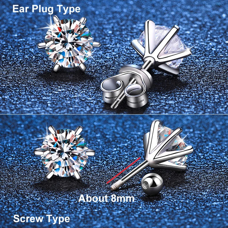 EWYA S925 Sterling Silver Moissanite Earrings 0.5-2ct D 6 Prong Diamond Moissanite Screw Stud For Women Wedding Fine Jewelry