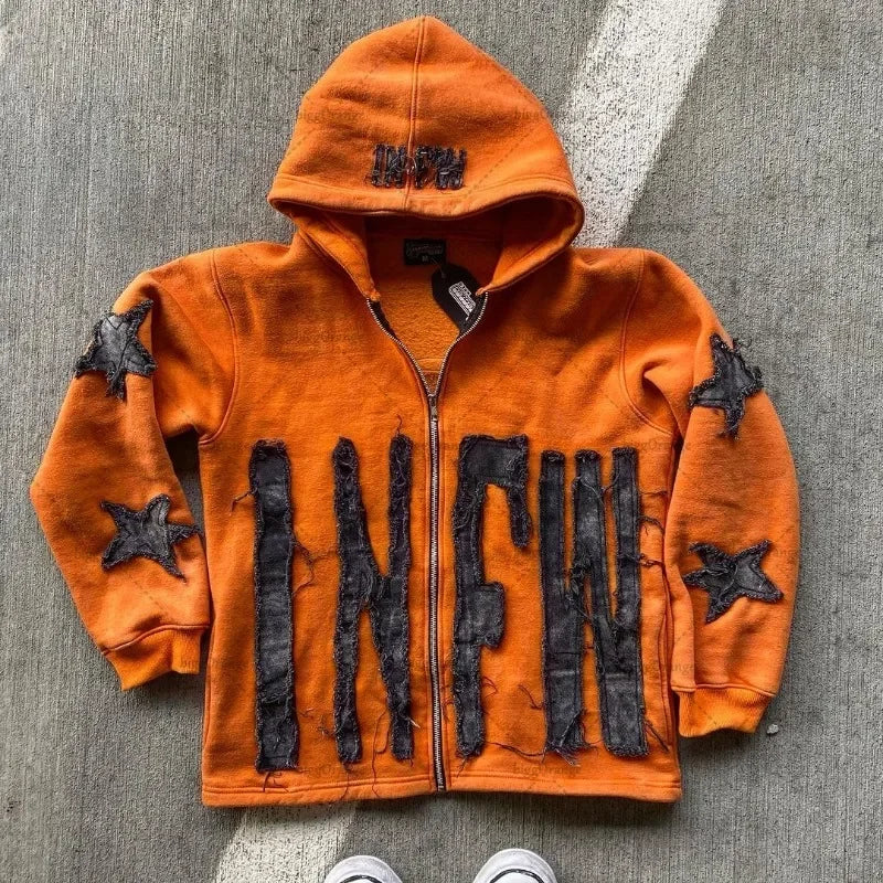 Embroidered hoodie, casual pullover, orange outfit