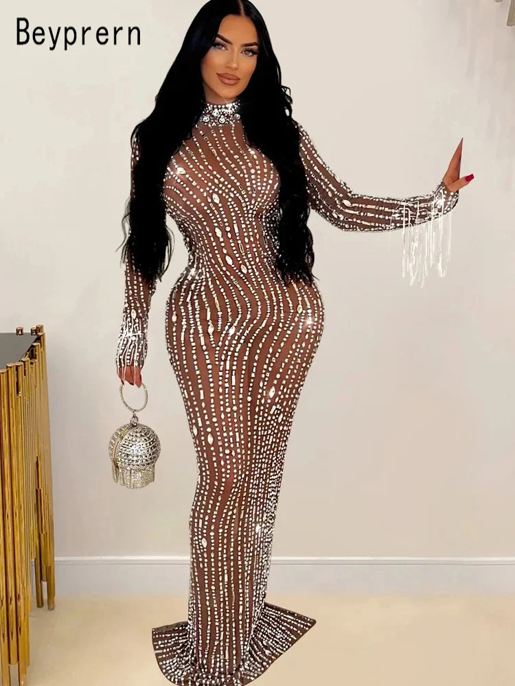 Beautiful Brown Mesh Crystal Long One Piece Dress Glam Mesh Diamond Fringed Party Dress Night Clubwear Birthday Outfits