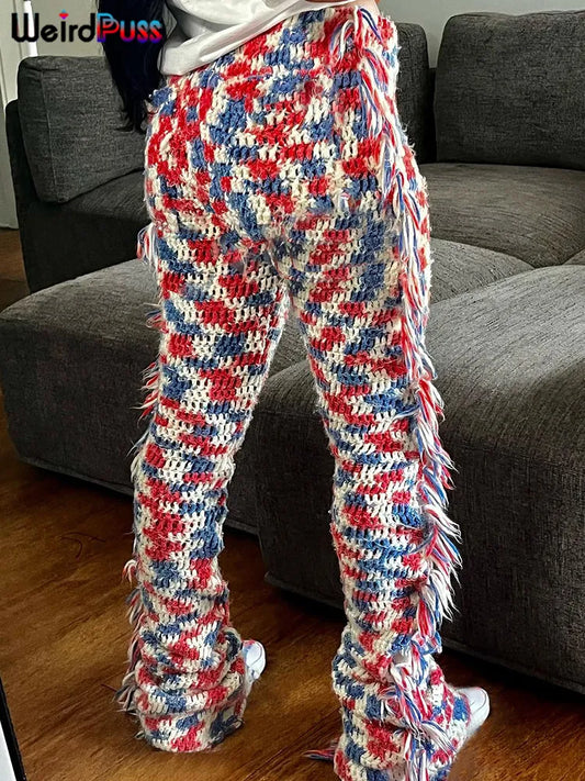 Knit Colorful Plaid Pants Women Fall Trend Skinny Stretch Side Furry Casual Trousers Wild Hipster Streetwear Bottoms