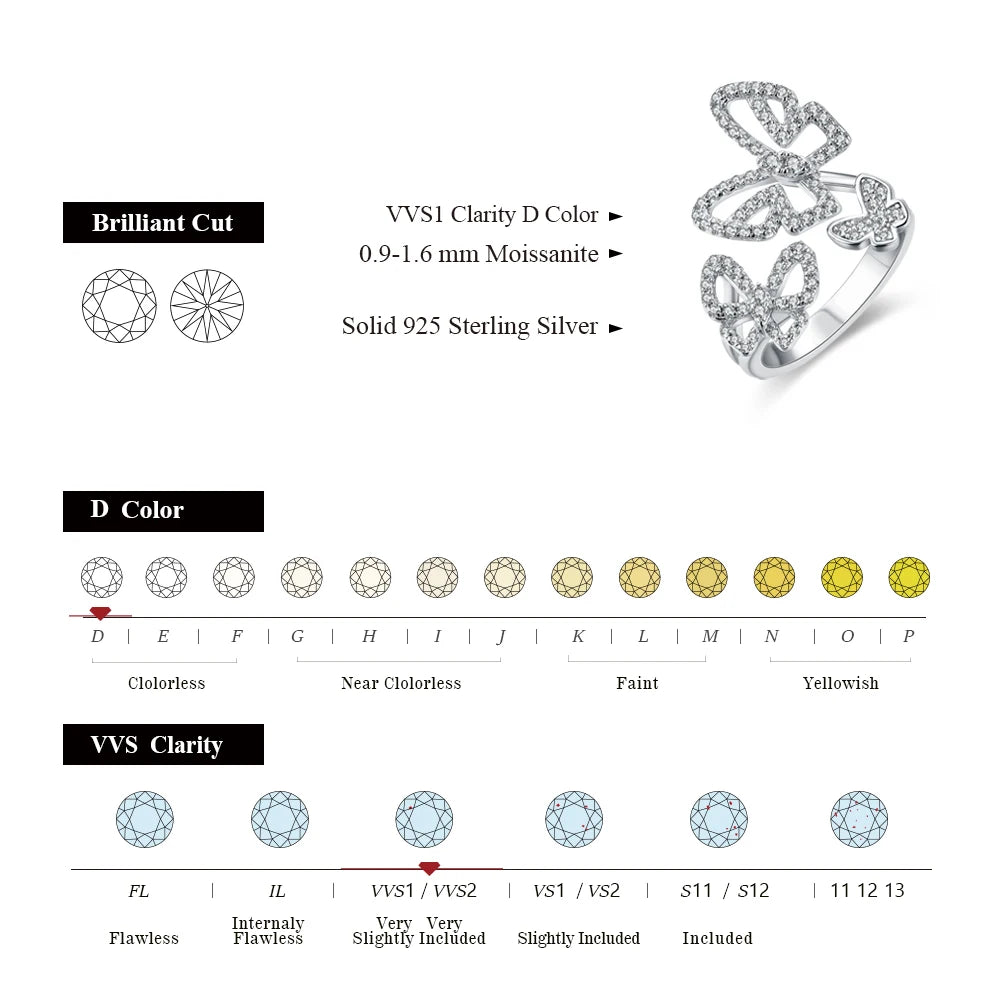 Moissanite Ring for Women Pass Test Christmas Butterfly Rings 925 Sterling Silver Wedding Fine Jewelry for Women's Gift