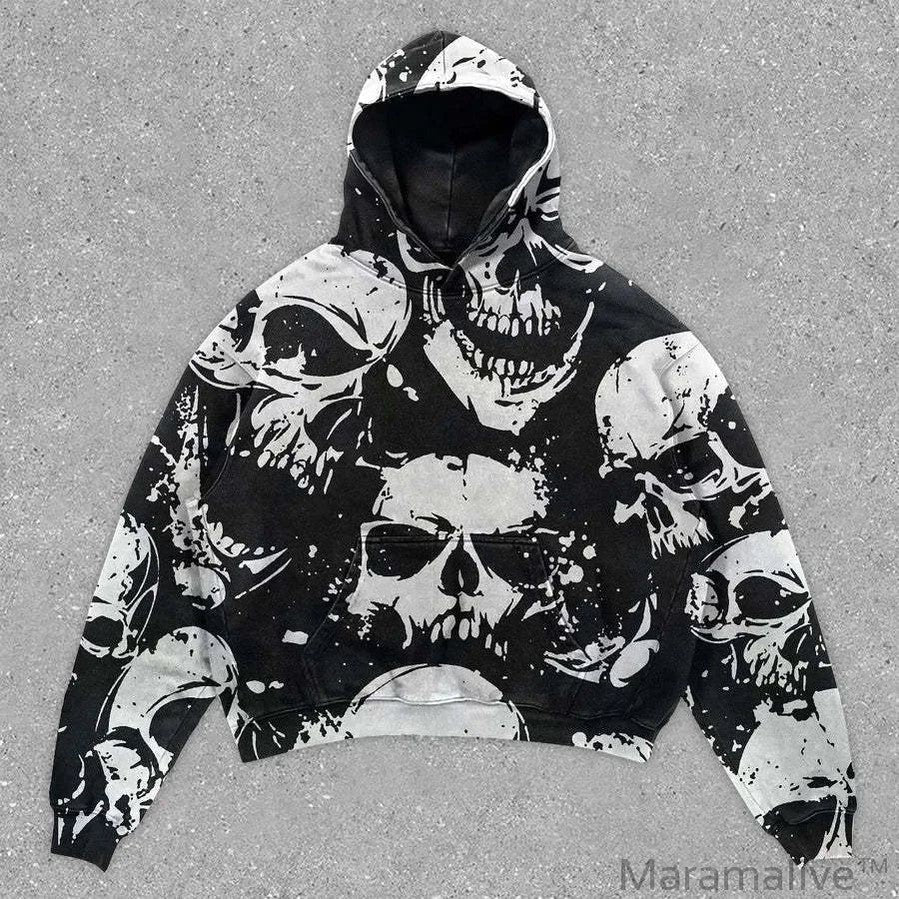 Explosions Printed Skull Y2K Retro Hooded Sweater Coat Street Style Gothic Casual Fashion Hooded Sweater Men's Female