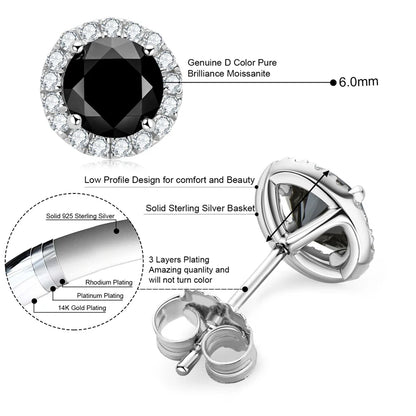 6mm Black Round Halo Moissanite Stud Earrings for Women Men Original 925 Sterling Silver Luxury Jewelry With Certificate