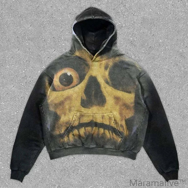 Explosions Printed Skull Y2K Retro Hooded Sweater Coat Street Style Gothic Casual Fashion Hooded Sweater Men's Female