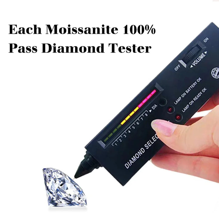 A hand holding a diamond tester on a Moissanite stone set in an elegant 18K gold ring. Text reads, "Each With Certificate Original Solid 18K Gold Moissanite Ring For Women 5 Stone Luxury Wedding Jewelry With Stamp Gift Female 100% Pass Diamond Tester." The tester shows a reading indicating the gemstone is a diamond. Brand: Maramalive™