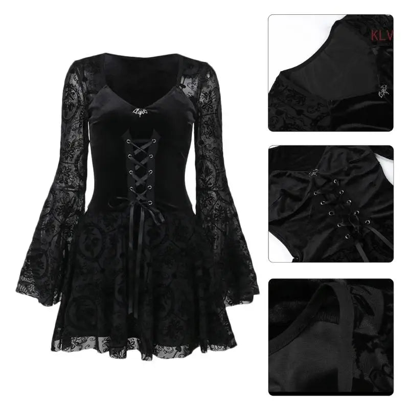 Stylish Black Draped Dress Long Sleeves Gothic Style Dresses Vintage Fashion Long Skirt Belled Sleeve Design