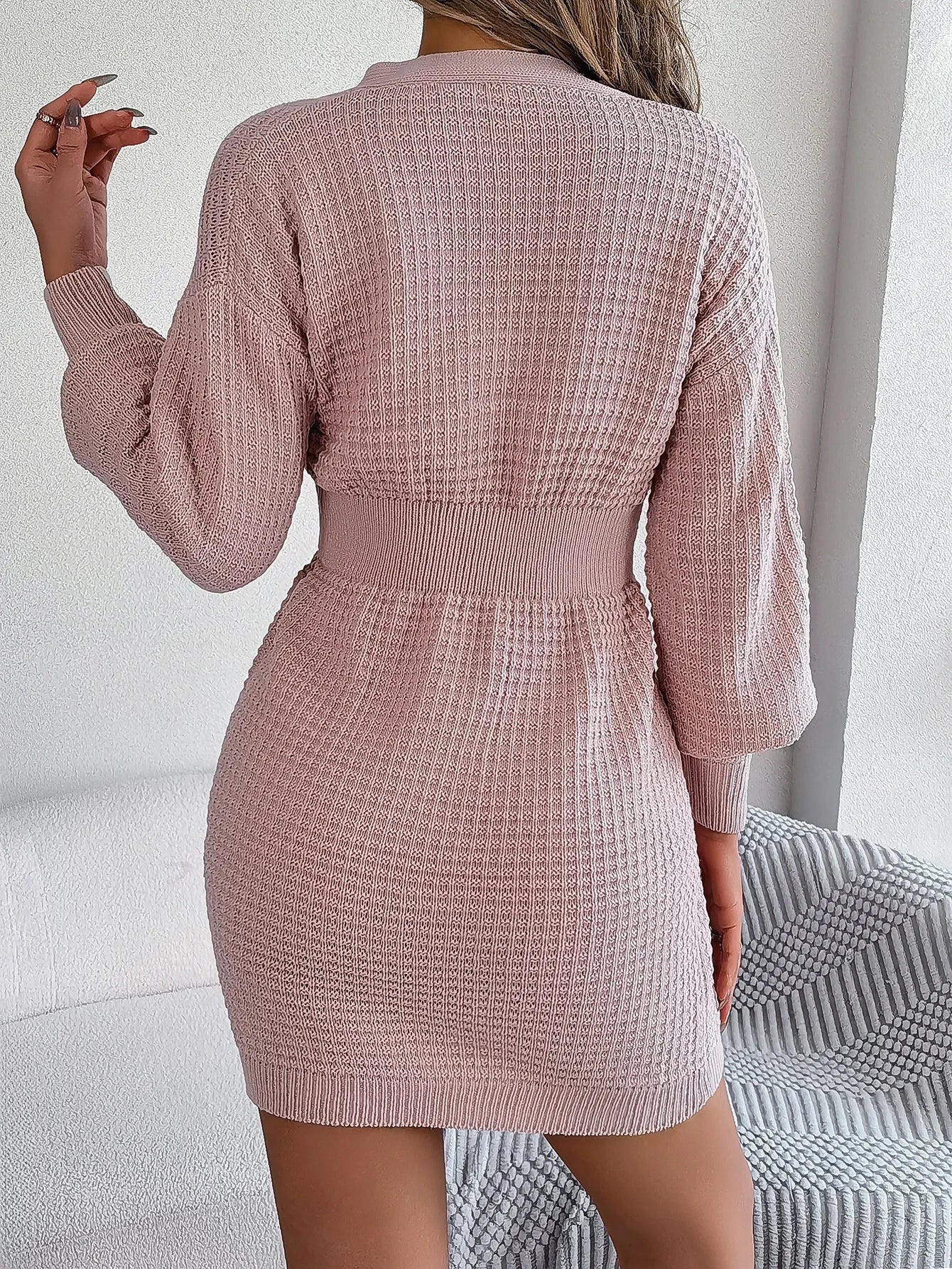 Stylish And Elegant Button-Down V-Neck Twist Lantern Sleeve Sweater Dress Women's Solid Color Casual Explosive Sweater Dresses
