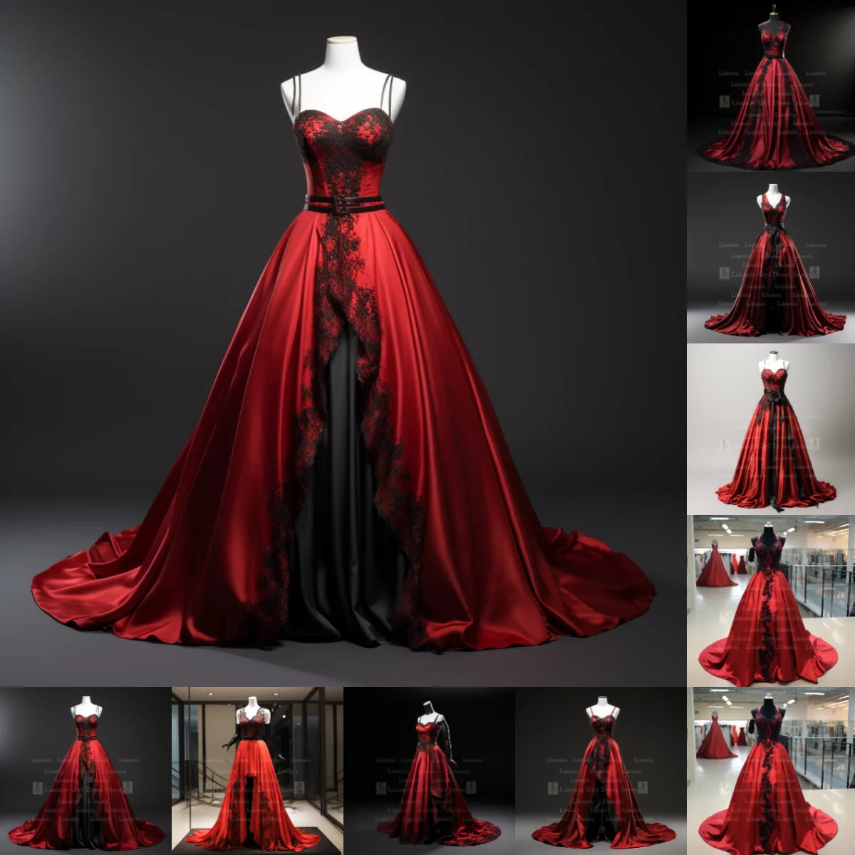 Red Satin With Black Lace Edge Applique Floor Length Lace Up Evening Dress Birthday Party Elegant Clothing Princess SKirt