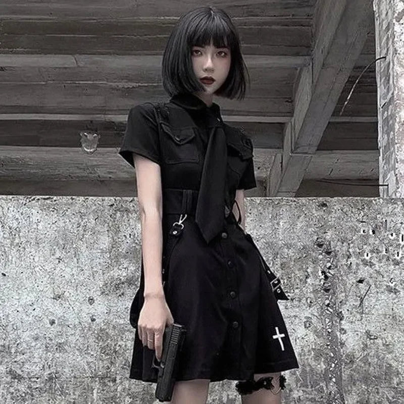 Goth Dress Punk Gothic Summer Black Mini Dress Shirt Women 2024 Short Sleeve Emo Clothes Mall Goth Dark Academia