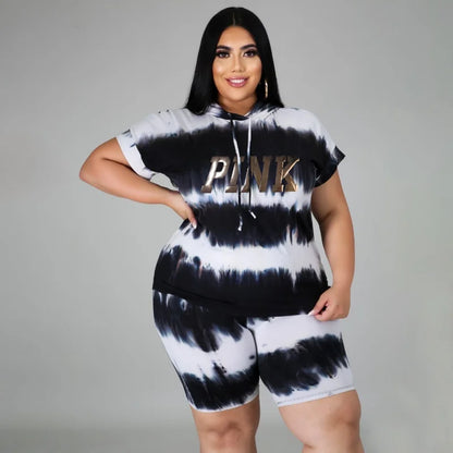 XL-4XL Plus Size Matching Sets Women Clothing Summer 2023 Fashion Tie Dye Hoodies Short Sleeve Two Piece Sets Female Outfits