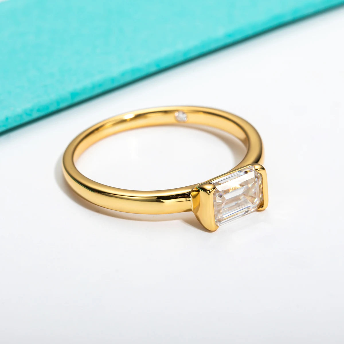 Moissanite Gold plated Silver ring, Emerald Cut setting with Gold accents, diamond accents.