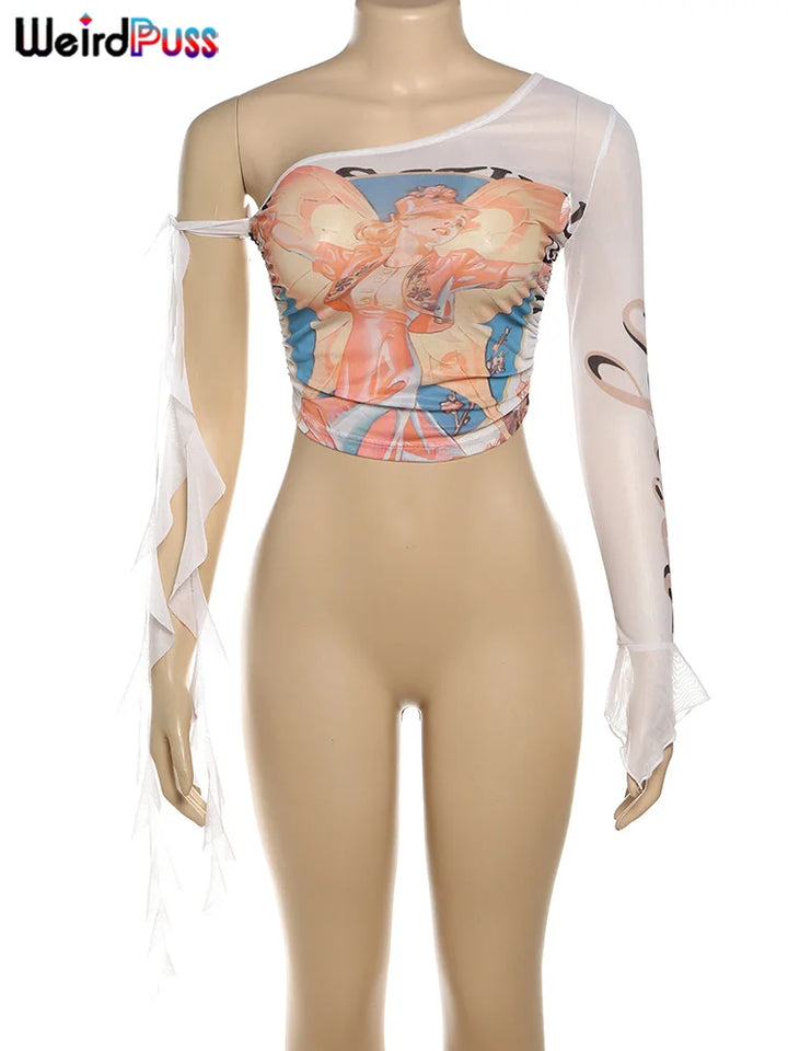A mannequin wearing a One Shoulder Crop Tops Women See Through Biased Collar Bandage Graphics t-Shirt Sexy Clubwear 2024 Summer Thin Tees with sheer right sleeve and angel-themed print on the torso. Brand name 'Maramalive™' is visible in the top left corner. This high-stretch design ensures comfort and style.