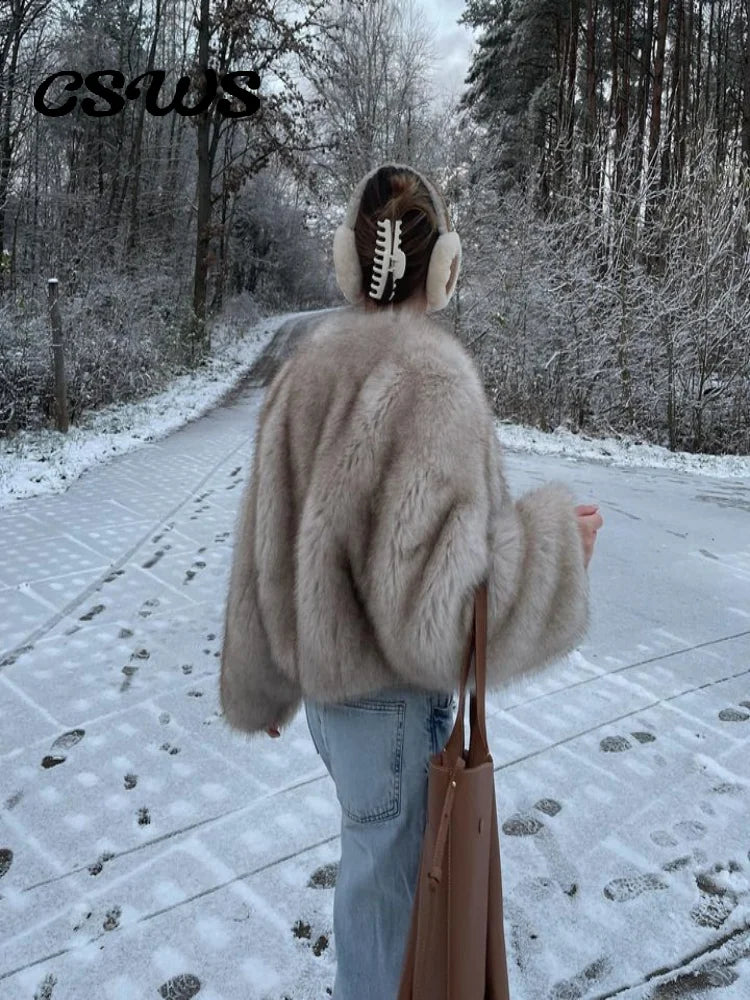 Fashion Faux Fur Jacket Coat Women Warm Fluffy Loose Long Sleeve V-neck Female Cardigan 2023 Winter Solid Lady Street Outwear