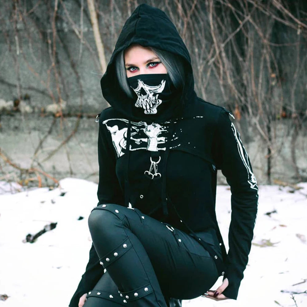 Sexy Chic Skull Mask Crop Top Women Gothic Black Hoodie Dark Festival Goth Clothes Long Sleeve Shirt Graphic Sweatshirt Pull Y2K