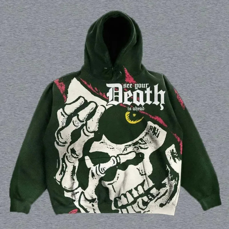 A green Maramalive™ Explosions Printed Skull Y2K Retro Hooded Sweater Coat Street Style Gothic Casual Fashion Hooded Sweater Men's Female, perfect for all Four Seasons, showcasing a large graphic of a skull clutching its head and the bold text "see your Death is ahead," epitomizing punk style.