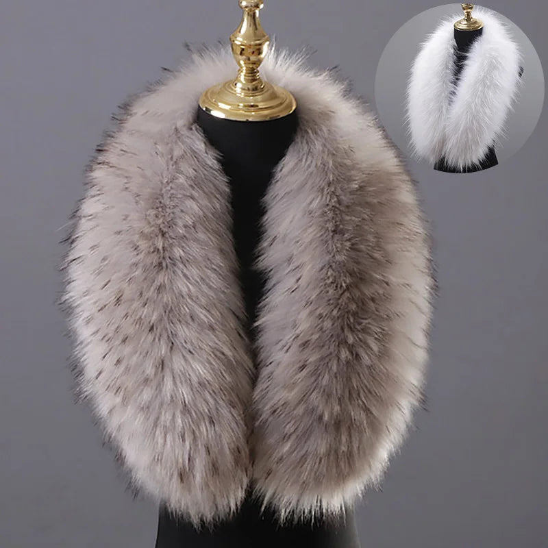 A luxurious, fluffy Maramalive™ Faux Fur Collar Winter Large Faux Fox Fur Collar Fake Fur Coat Scarves Luxury Women Men Jackets Hood Shawl Decor Neck Collar displayed on a black mannequin with a close-up image in the upper right corner. The winter-ready accessory appears plush and light-colored with dark speckles, perfect for women seeking both style and warmth.