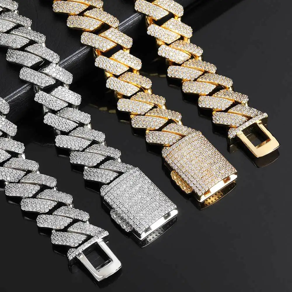 Luxury 3 Rows Moissanite Cuban Chain Men's Necklace S925 Silver Jewelry Hip Hop Rock Neck Collares 16-24in