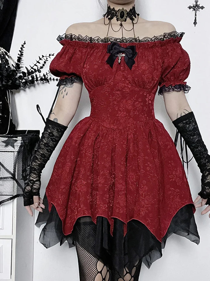 Model wearing a Victorian Gothic black and red lace dress, puffed sleeves.