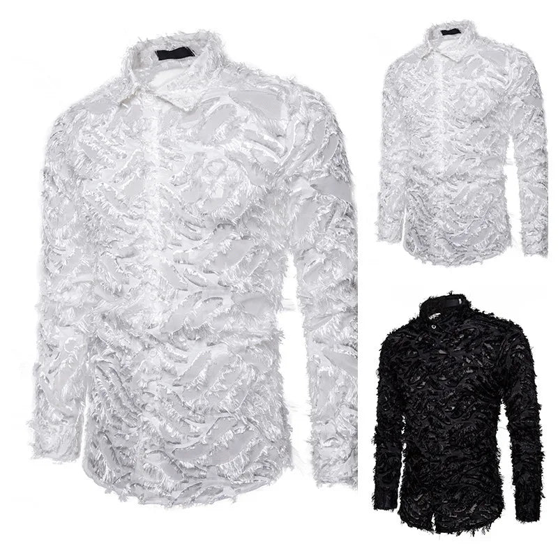 Three long-sleeve button-up shirts with a textured, fuzzy pattern. Two shirts are white, and one is black. The Maramalive™ New Men's Button Shirt Fashion Menswear Designer Personality Cute Clothes Street Fashion Designer Clothes offers a preppy style perfect for adding flair to your wardrobe.